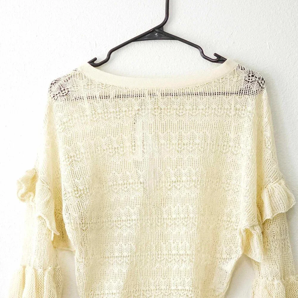 NWT Anthropologie Cream Sheer Open-Stitch Ruffle Summer Pullover Size XXS